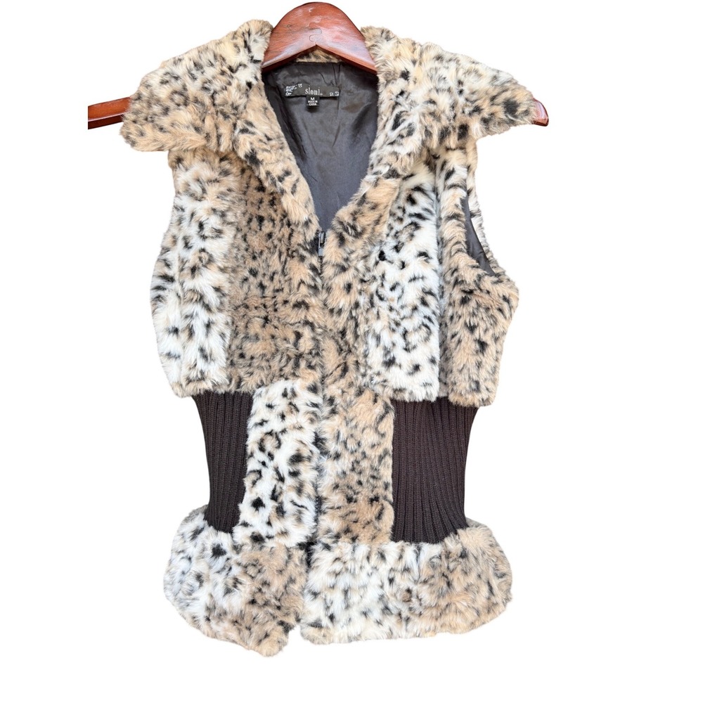 Sloni Leopard‎ Print Faux Fur Vest Brown Ribbed Knit Waist Zip Up Medium